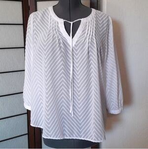 Elle | Sheer White Long Sleeve Chevron Blouse Neck Tie Detail Large